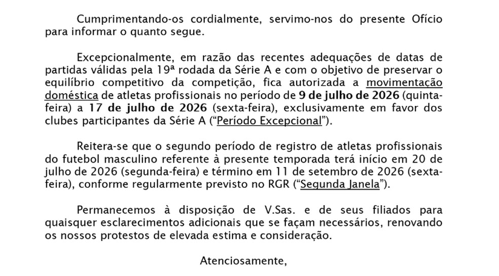 Documento enviado pela CBF — Foto: Reprodução