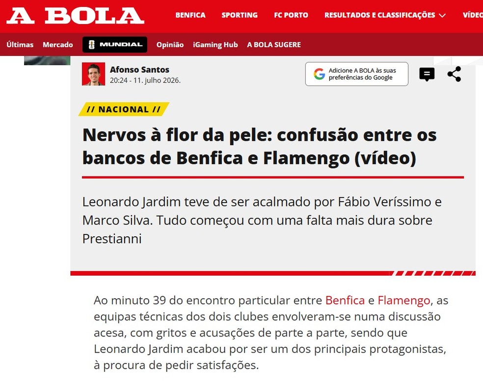Jornal "A Bola" destaca confusão em Benfica e Flamengo — Foto: Reprodução
